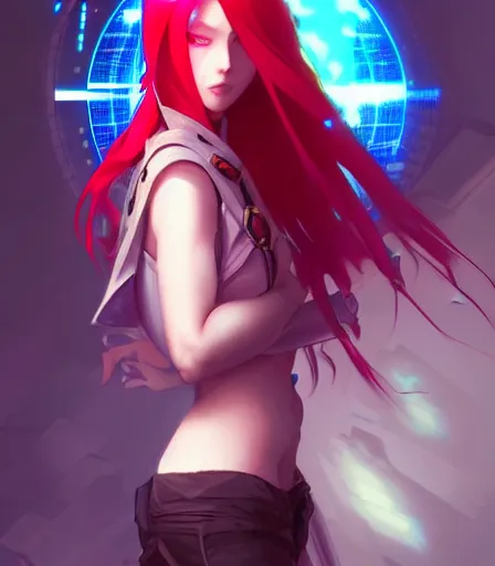 Prompt: cyberpunk anime young girl with vibrant red hair, hourglass slim figure, Jinx face, Jinx expression, blue eyes, dungeons and dragons portrait, lovely smile, highly detailed, digital painting, artstation, concept art, sharp focus, illustration, art by artgerm and greg rutkowski and alphonse mucha