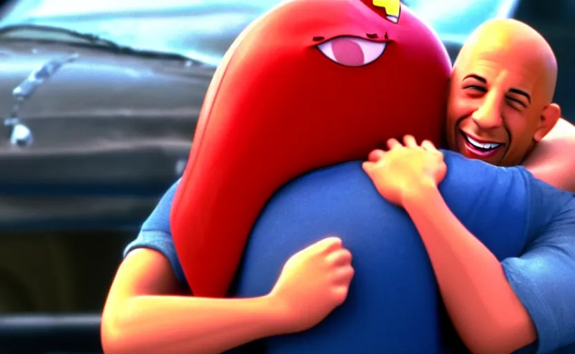 Prompt: lightning mcqueen hugging vin diesel