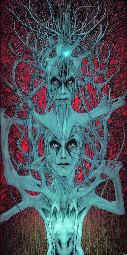 Prompt: intense glowing black metal pagan god with antlers and veins and intense glowing eyes in very dark forest by shintaro kago and beksinski and alphonse mucha, portrait, fantasy, clear, red and teal and yellow, light beams, lens flare, intense, uhd, amazing depth, cinematic lighting