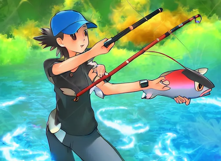 Prompt: pokemon digital art, a female pokemon trainer fishing for Magikarp, anime style digital art