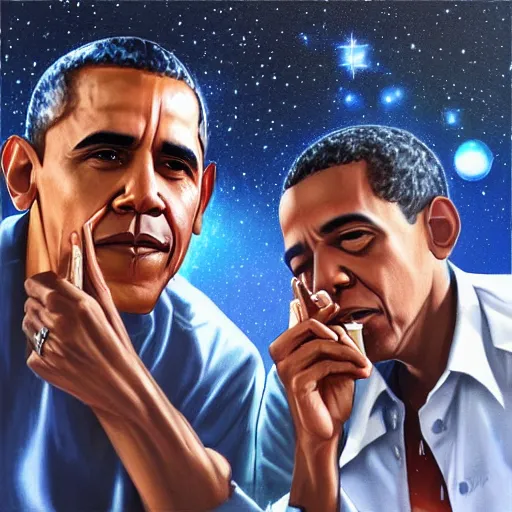 Prompt: a beautiful cosmic matte painting of obama and jay - z smoking blunts in outer space, by artgerm, trending on artstation