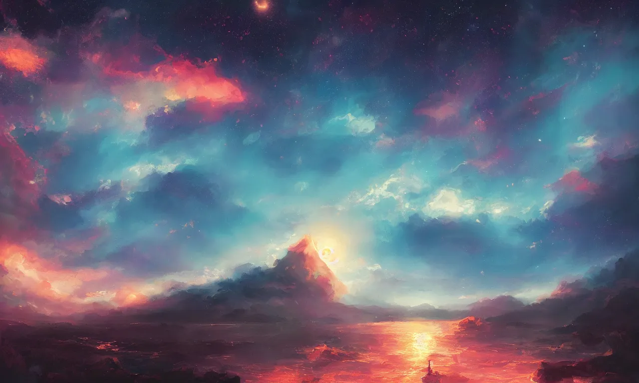 Image similar to a beautiful painting of fire sea, starry sky, moon ， cloud, by liam wong and yuumei and yanjun chen, trending on artstation