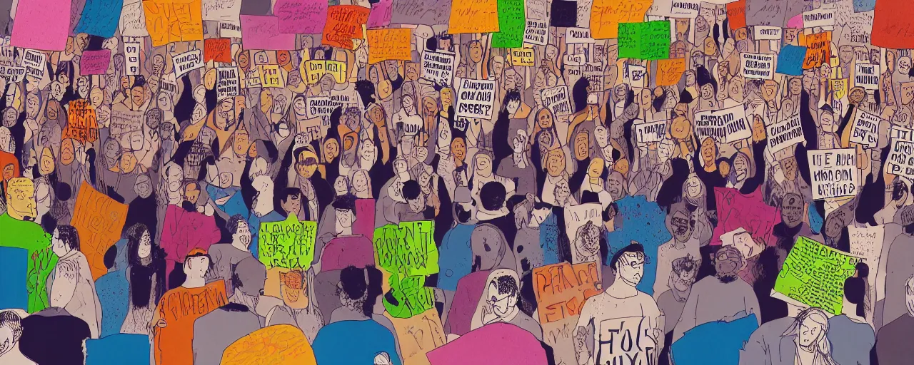 Image similar to an illustration of a crowd of angry protestors with signs, front angle, by gerald scarf, illustration, ink splatters, dripped ink, splashed, pen and ink, flat color, colorful drawing, facing front, anatomically correct, beautiful perfect face, sharp focus, highly detailed, cinematic lighting, 8 k, hd