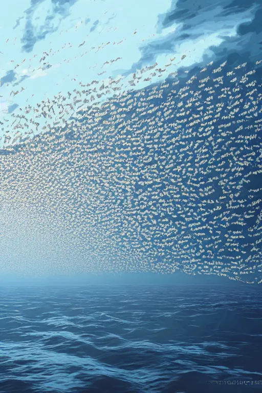 Image similar to a beautiful vector graphic illustration of a school of mackerel, 8 k, frostbite 3 engine, cryengine, dof, trending on artstation, digital art by robert gibbings, crepuscular ray