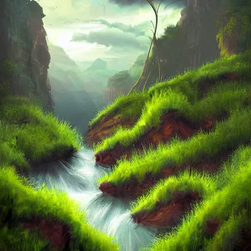 Image similar to digital art of a lush natural scene on an alien planet by dan volbert. beautiful landscape. weird vegetation. cliffs and water.