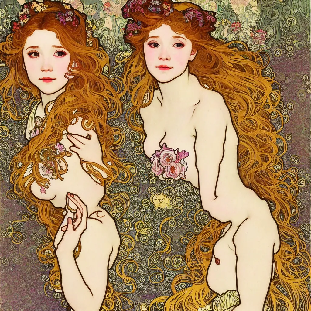 Prompt: Belle Delphine made with a combination of the art styles of Alphonse Mucha and Gustav Klimt. Masterpiece. High Quality Details