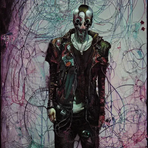 Image similar to in a dark room, a male cyberpunk hacker, skulls, wires cybernetic implants, machine noir steelpunk grimcore, in the style of adrian ghenie esao andrews jenny saville surrealism dark art by james jean takato yamamoto and by ashley wood