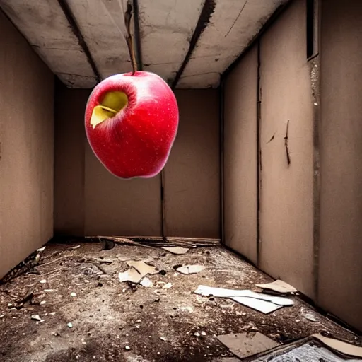 Image similar to a giant rotten apple floating in an abandoned room