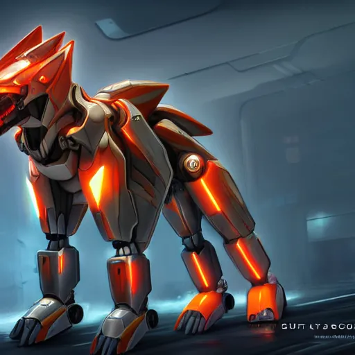 Image similar to highly detailed cinematic full body shot of a mecha canine, sharp claws, detailed maw, sleek armor, glowing visor, charging through city, digital art, furry art, furaffinity, deviantart, dragon art