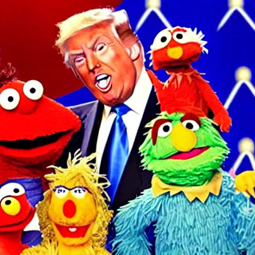 Image similar to Donald Trump as a puppet on Sesame Street, tv show, kids, funny,
