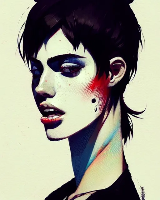 Image similar to a ultradetailed beautiful portrait painting of a stylish woman with short hair, she is wearing a black tank top and jeans, by conrad roset, greg rutkowski and makoto shinkai trending on artstation