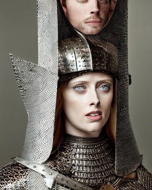 Image similar to HD portrait by Annie Leibovitz of Deborah Ann Woll as a medieval knight wearing a chainmail hauberk.