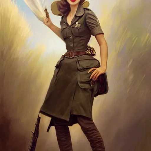 Prompt: A combination of Victoria Justice's and Grace Kelly's and Emma Watson's appearances as a WW2 soldier, full body portrait, western, D&D, fantasy, intricate, elegant, highly detailed, digital painting, artstation, concept art, matte, sharp focus, illustration, art by Artgerm and Greg Rutkowski and Alphonse Mucha