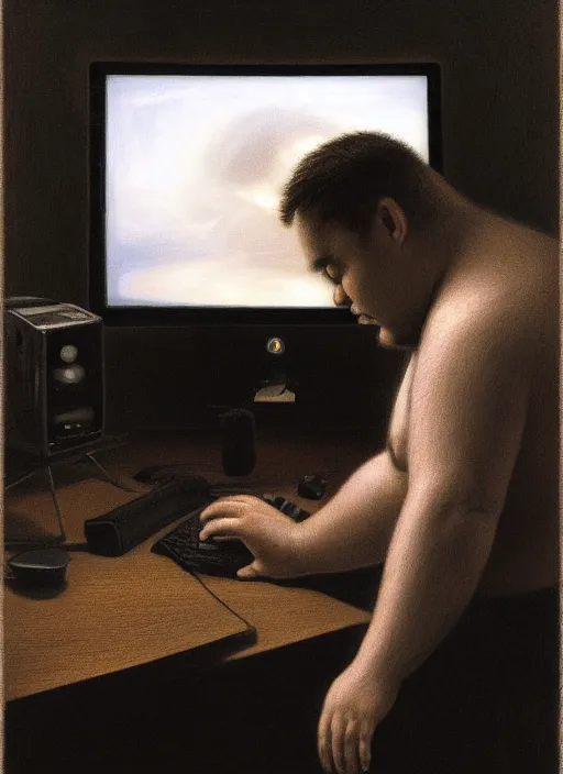 Image similar to insanely detailed chiaroscuro image of a exhausted - looking slightly fat casually - dressed programmer guy on his knees facing his glowing ultrawide computer monitor monitor begging it for forgiveness, oil on canvas, masterwork, fine detail, trending on artstation, emotive, insanely compelling, ryden, koons, moebius