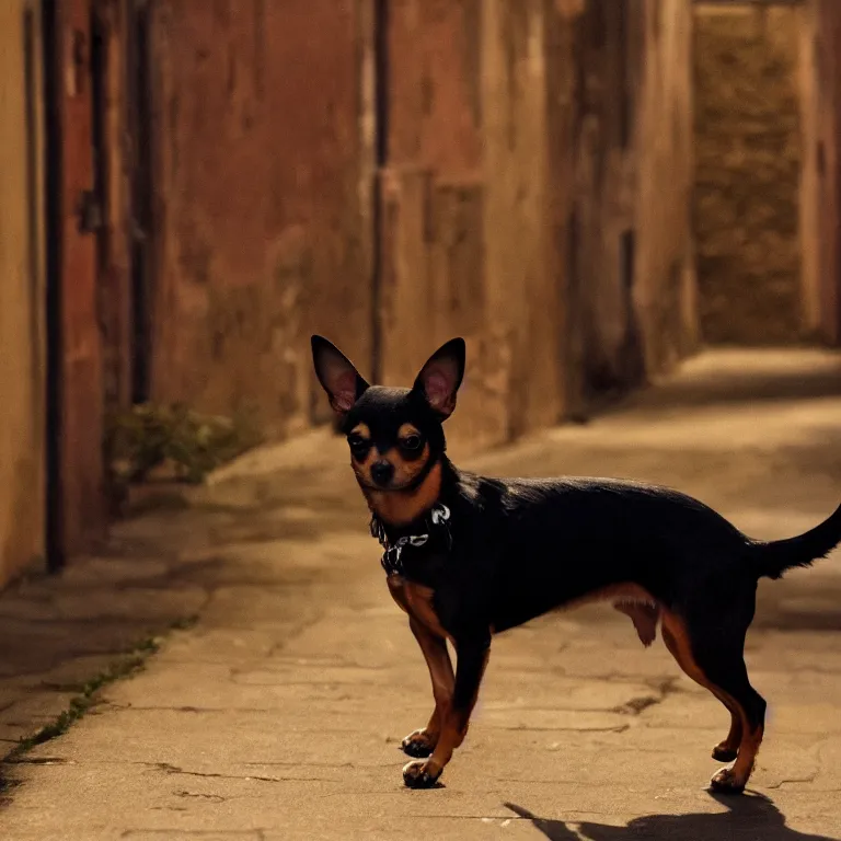 Prompt: anime visual of a black and tan chihuahua walking down an alley ; by kehinde wiley ; official media, cinematic lighting, high quality, trending on artstation