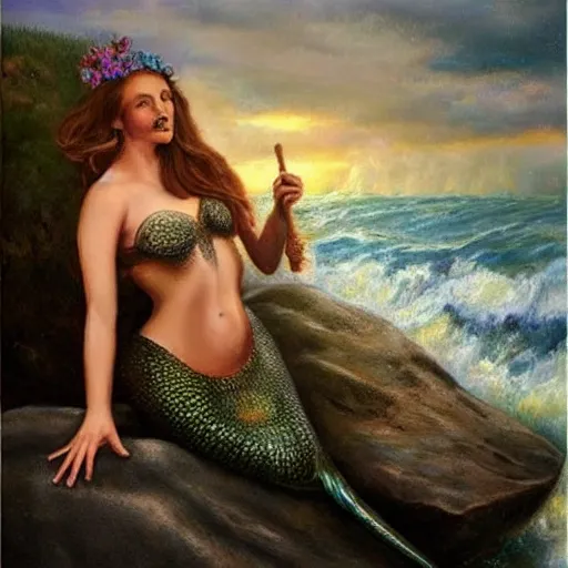 Image similar to oil painting of a mermaid singing on the rock, very beautiful face, terrible storm, realistic