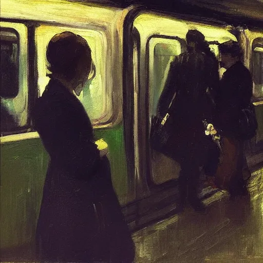 Image similar to “ a girl in the new york city subway, oil painting, by george bellows ”