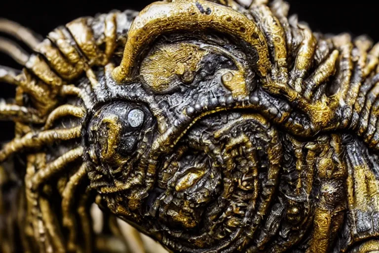 Prompt: photo taken of an epic intricate, ultra detailed, super realistic sculpture of a wet, slimy, nightmarish hellish demonic trilobite creature on display in a workshop, created by weta workshop, zoomed in shots, photorealistic, sharp focus, f 0. 4, face centred, macro photography, golden ratio, kodachrome