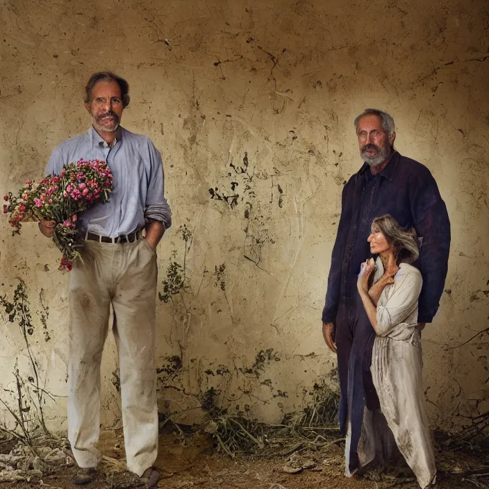 Prompt: closeup portrait of a couple holding flowers, standing in a desolate abandoned house, by Annie Leibovitz and Steve McCurry, natural light, detailed face, CANON Eos C300, ƒ1.8, 35mm, 8K, medium-format print