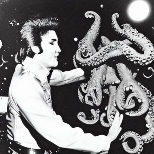 Prompt: photograph of elvis meeting octopus aliens from another world, in alien spaceship