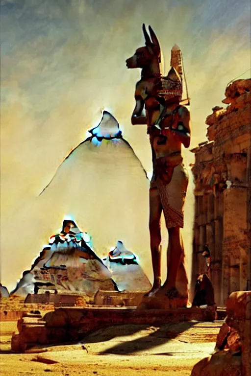 Prompt: beautiful landscape of ancient cairo egypt giant satue of anubis in the forground pyramids in the background, art by anders zorn, wonderful masterpiece by greg rutkowski, beautiful cinematic light, american romanticism thomas lawrence, greg rutkowski