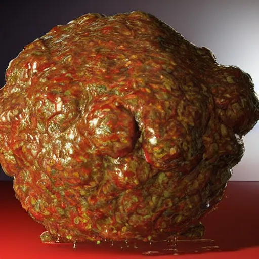 Prompt: hyperrealistic mixed media high resolution image of a greasy meatball that bears a striking resemblance to Danny DeVito, stunning 3d render inspired art by István Sándorfi and Greg Rutkowski and Unreal Engine, perfect symmetry, dim volumetric lighting, 8k octane beautifully detailed render, post-processing, extremely hyper-detailed, intricate, epic composition, highly detailed attributes, highly detailed atmosphere, full body shot, cinematic lighting, masterpiece, trending on artstation, very very detailed, masterpiece, stunning, flawless structure, lifelike texture, perfection,