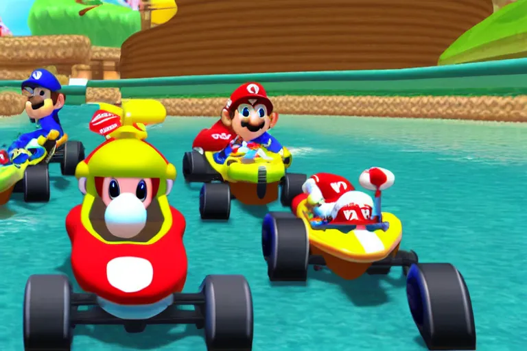 Image similar to whale driving a kart in mario kart double dash, wii screenshot, whale driving a kart