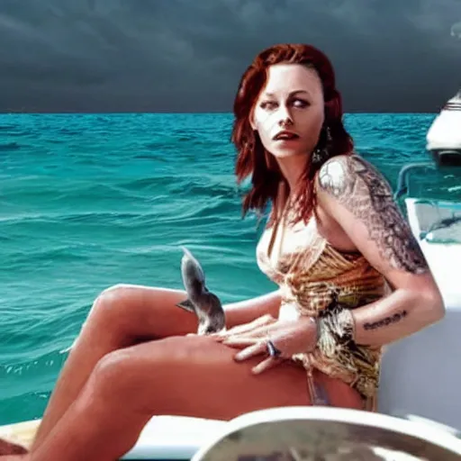 Image similar to johnny depp as a woman, sitting on a yacht, with dolphins in the water, cinematic, ultra realistic