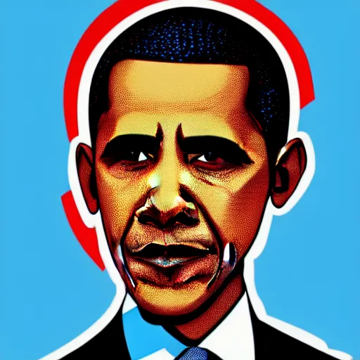 Image similar to Obama, graphic illustration by Jamie Hewlett, bold colors