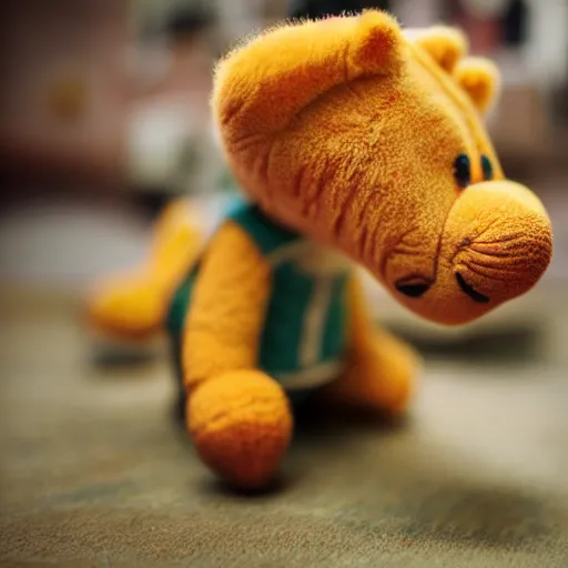 Prompt: beautiful realistic photograph of stuffed animal Garfield tilt shift