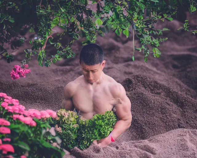 Prompt: 8 5 mm food photography of one punch man near a garden with sand with dof and bokeh and flowers o