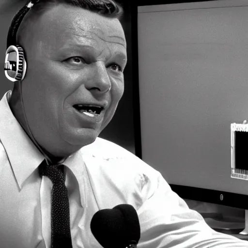 Prompt: obese Frank Sinatra wearing a headset yelling at his monitor while playing WoW highly detailed wide angle lens 10:9 aspect ration award winning photography by David Lynch esoteric erasure head