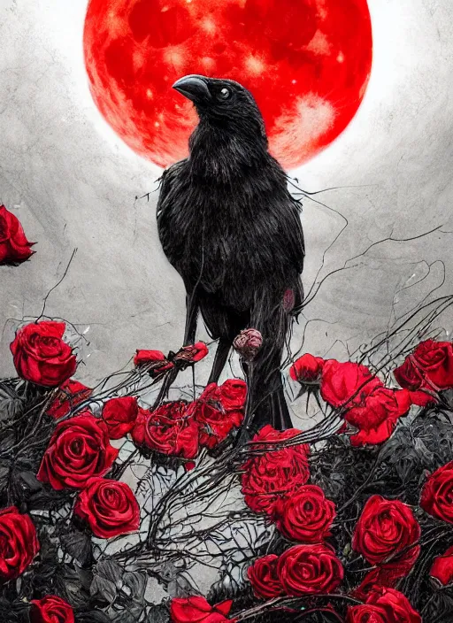 Image similar to portrait, A crow with red eyes in front of the full big moon, book cover, red roses, red white black colors, establishing shot, extremly high detail, foto realistic, cinematic lighting, pen and ink, intricate line drawings, by Yoshitaka Amano, Ruan Jia, Kentaro Miura, Artgerm, post processed, concept art, artstation, matte painting, style by eddie mendoza, raphael lacoste, alex ross