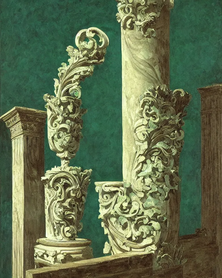 Prompt: achingly beautiful painting of intricate ancient roman corinthian capital on jade background by rene magritte, monet, and turner. giovanni battista piranesi.