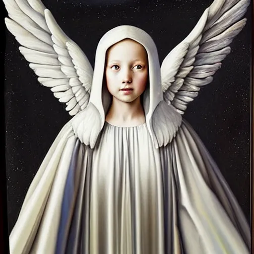 Image similar to highdetailed hyperrealistic painting of white angel!!! no gender smiling noface!!!, light instead of hands, white sparkles everywhere, 4 k hd face!!!, big silver high detailed wings!!!, renaissance, by jan van eyck, holography space, glow effect, large strokes, monochrome!!!!!