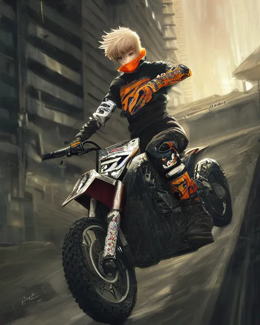 Image similar to beautiful blonde teenage boy wearing cyberpunk intricate streetwear riding dirt bike, beautiful, detailed portrait, cell shaded, 4 k, concept art, by wlop, ilya kuvshinov, artgerm, krenz cushart, greg rutkowski, pixiv. cinematic dramatic atmosphere, sharp focus, volumetric lighting, cinematic lighting, studio quality