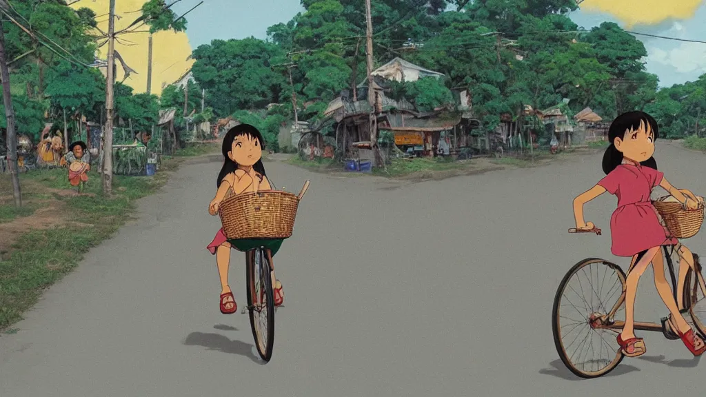 Image similar to a young girl riding a bike with a basket in a small town, 1970s philippines, art by hayao miyazaki, studio ghibli film, hi res, 4k, detailed face, wide shot, one person