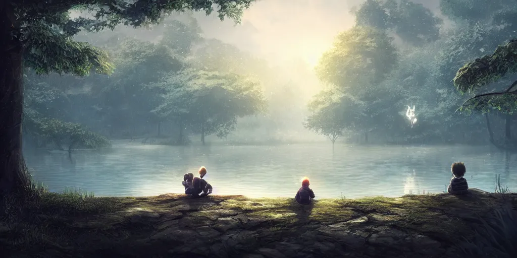 Image similar to a silver dragon and a boy sitting next to lake in forest, many fireflys, at night, concept art, dof, cryengine, digital art, detailed background, makoto shinkai