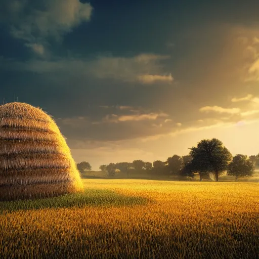 Image similar to haystack on a field, traditional hungarian landscape, dramatic lighting, beautiful, volumetric lighting, colorful, octane render