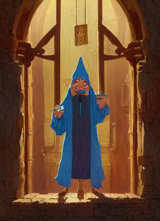 Image similar to an old wizard in robes holding a book standing in front of an elaborate ancient wooden door, beautiful colourful fantasy rendering, William Stout, Simon Stälenhag, ilm, beeple, N.C. Wyeth