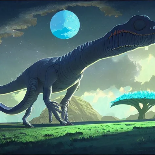 Prompt: concept art painting of an alien world full of alien dinosaurs, detailed, cel shaded, in the style of makoto shinkai and moebius and james gurney