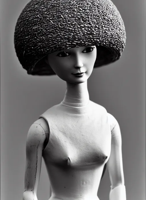 Prompt: realistic photo of a a medieval wooden barbie girl doll sculpture dressed white spherical hat helmet made of plastic, black brushwood, greyscale grain 1 9 6 0, life magazine photo, natural colors, metropolitan museum, kodak