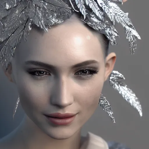 Prompt: a highly detailed digital image of a futuristic elegant woman wrapped with silver leaves, artstation, extremely detailed woman, stunning volumetric lighting, unreal engine 4k, 8k