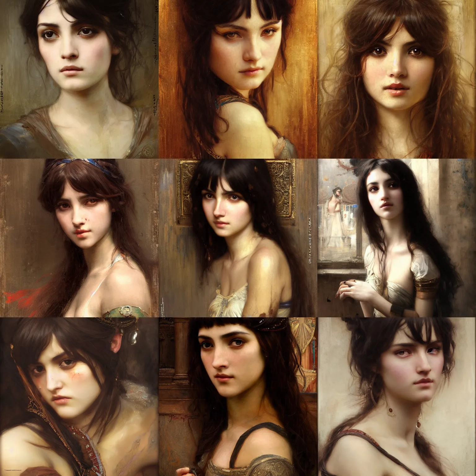 Prompt: orientalism portrait of a cute woman with bangs and dark curls face detail by john william waterhouse and theodore ralli and nasreddine dinet and bastien lecouffe deharme, masterful intricate artwork, excellent lighting, high detail 8 k