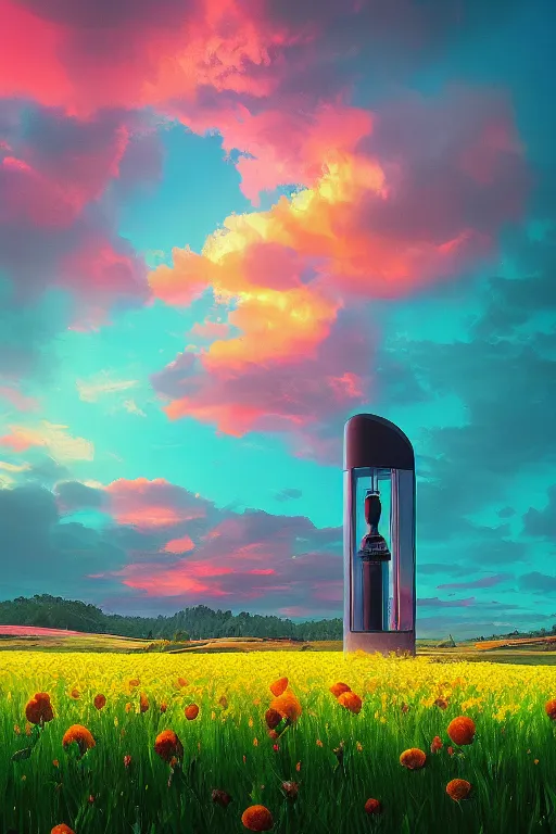 Prompt: giant perfume bottle in flower field, surreal photography, sunrise, dramatic light, impressionist painting, colorful clouds, digital painting, artstation, simon stalenhag