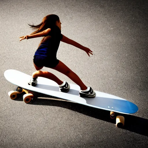 Image similar to graphic of a teenage girl pushing a skateboard side view