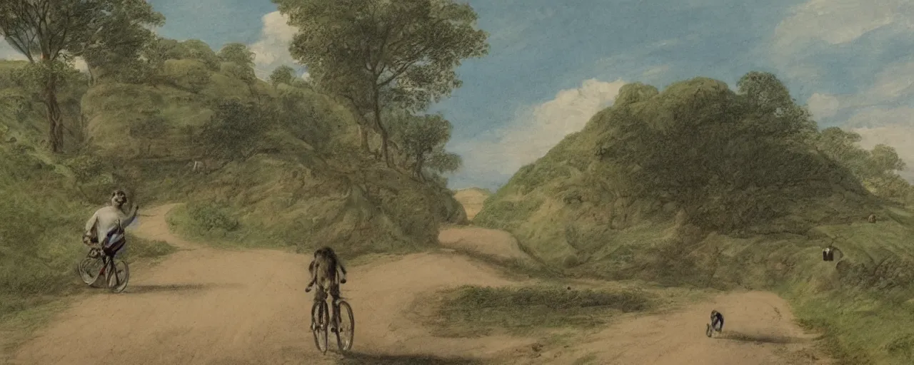 Prompt: monkey riding a bicycle down a winding road, drawn by Nicholas John Frith