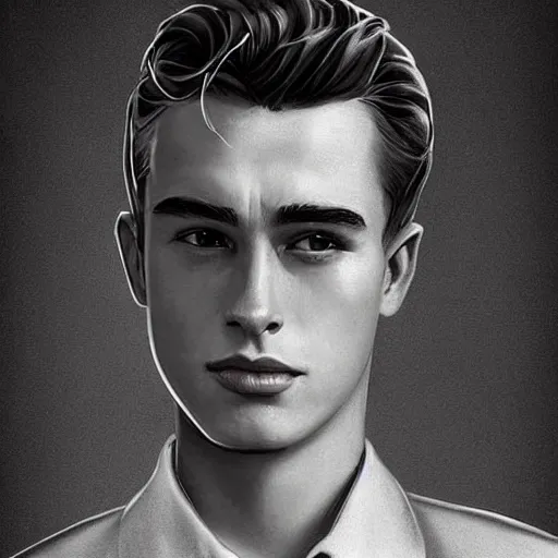 Image similar to a highly detailed epic cinematic concept art CG render digital painting artwork costume design: young James Dean as a well-kept neat perfect formal student in a 1950s USSR school uniform. By Mandy Jurgens, Lim Chuan Shin, Simon Cowell, Barret Frymire, Dan Volbert, Beeple, Butcher Billy, David Villegas, Irina French, Heraldo Ortega, Rachel Walpole, Jeszika Le Vye, trending on ArtStation, excellent composition, cinematic atmosphere, dynamic dramatic cinematic lighting, aesthetic, very inspirational, arthouse