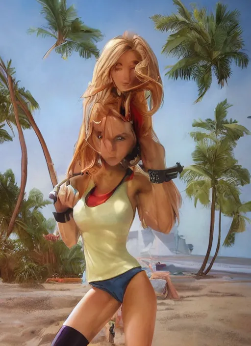 Image similar to , a gorgeous hulking woman with very long hip-length blonde hair, happy sunny day, wearing a cut-off white top and red dirt cut-off shorts standing by the water, beach tennis, modern architecture, in the style of artgerm and moebius and annie liebovitz, marvel comics, photorealistic, highly detailed, trending on artstation, Gediminas Pranckevicius