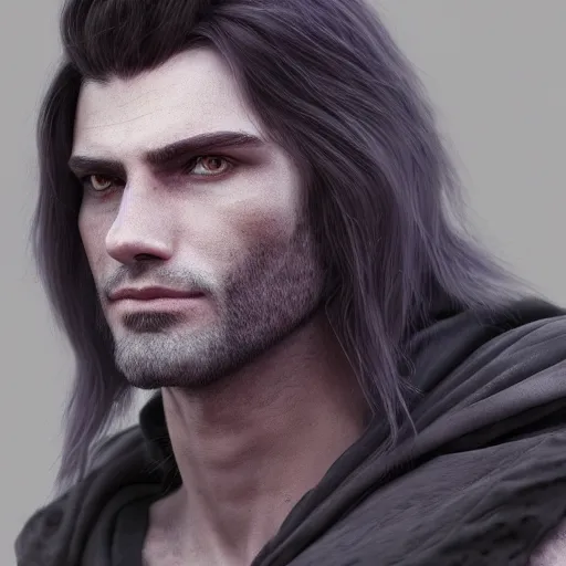 Image similar to a highly detailed portrait of a man with purple eyes, light gray long hair, beardless, without a beard, wearing a black cloak, artstation, DeviantArt, professional, octane render